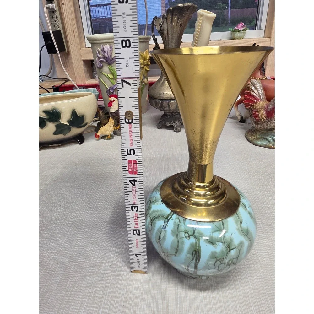Vintage EB Holland Brass and Marbled Ceramic Bud Vases set of 2 Mid Century